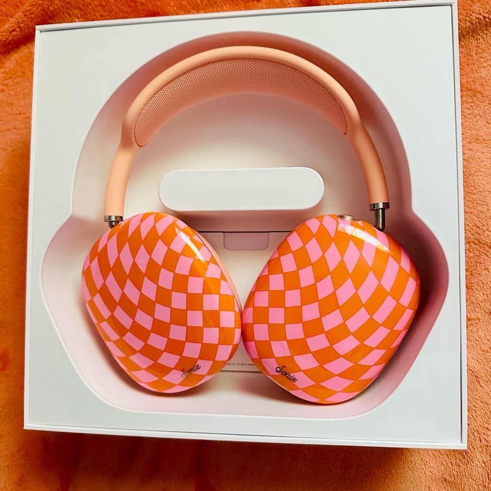 Air pod max Stylish Pink and Orange Checkered Headphones